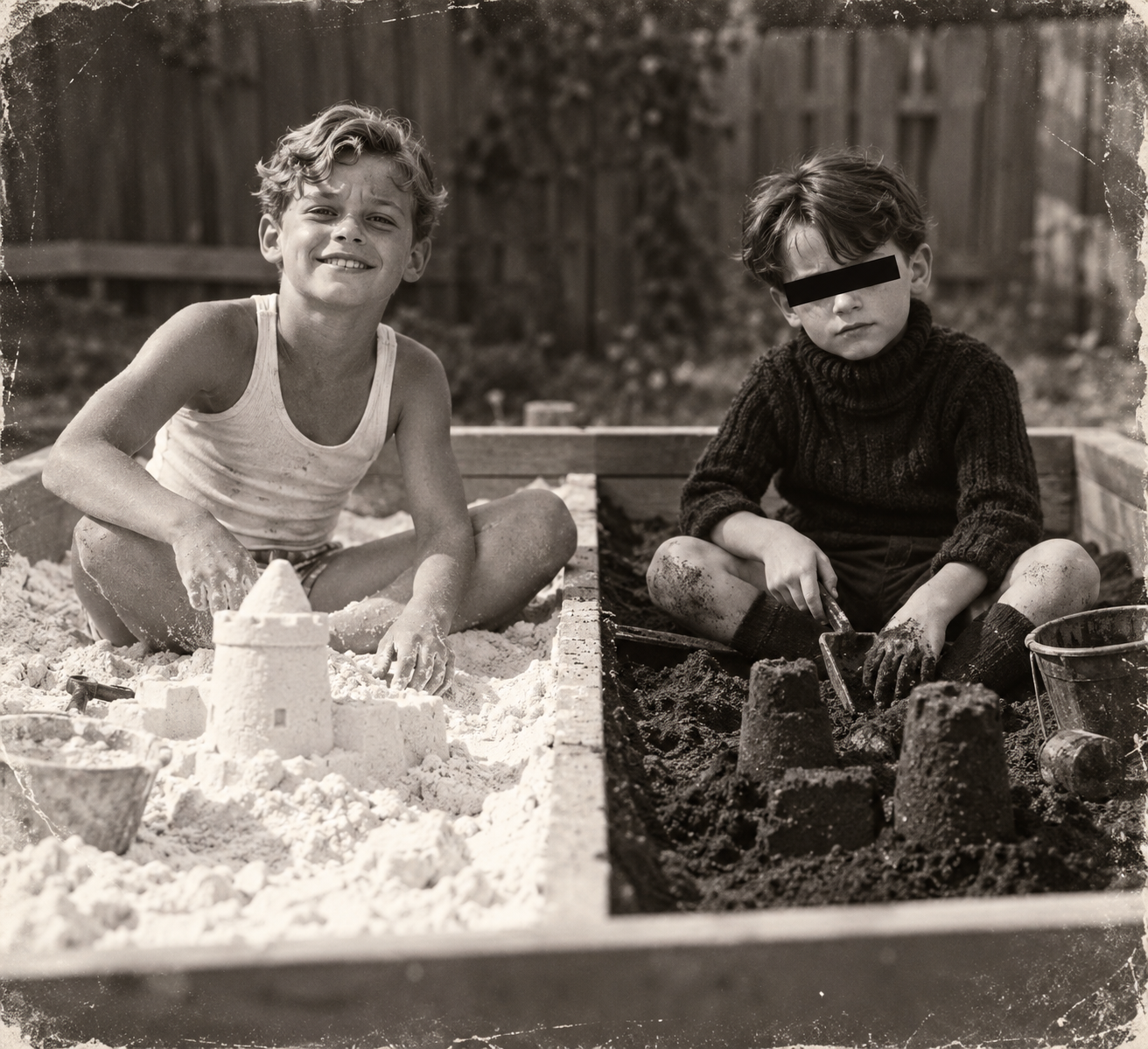 Johnny und Daniel beim gemeinsamen Spiel. Während Weissmuller den hellen Teil des Sandkastens bevorzugte, sind bei Dunkelziffer bereits frühe Präferenzen erkennbar.